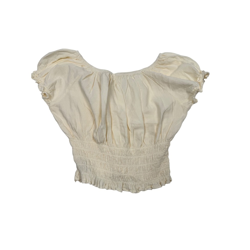 Magiu Ivory Cottagecore Milkmaid Crop Top Smocked Puff Sleeve Lace Up Boho - Picture 2 of 5